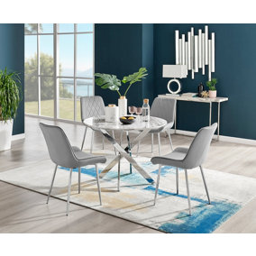 Furniturebox Novara White Marble Effect 100cm Round Dining Table with Chrome Starburst Legs & 4 Grey Velvet Pesaro Chairs