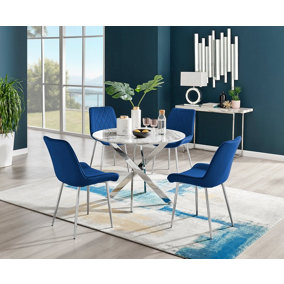 Furniturebox Novara White Marble Effect 100cm Round Dining Table with Chrome Starburst Legs & 4 Navy Velvet Pesaro Chairs