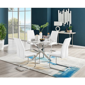 Furniturebox Novara White Marble Effect 100cm Round Dining Table with Chrome Starburst Legs & 4 White Faux Leather Lorenzo Chairs