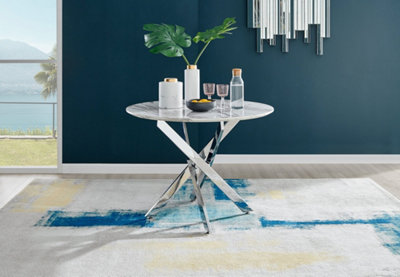 Furniturebox Novara White Marble Effect 100cm Round Dining Table with Chrome Starburst Legs & 4 White Faux Leather Milan Chairs