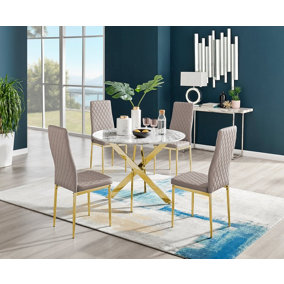 Furniturebox Novara White Marble Effect 100cm Round Dining Table with Gold Starburst Legs & 4 Beige Milan Faux Leather Chairs