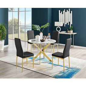Furniturebox Novara White Marble Effect 100cm Round Dining Table with Gold Starburst Legs & 4 Black Milan Faux Leather Chairs