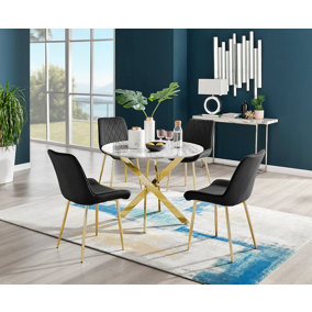 Furniturebox Novara White Marble Effect 100cm Round Dining Table with Gold Starburst Legs & 4 Black Velvet Pesaro Chairs