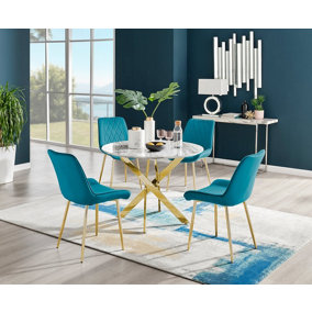 Furniturebox Novara White Marble Effect 100cm Round Dining Table with Gold Starburst Legs & 4 Blue Velvet Pesaro Chairs