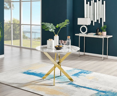 Furniturebox Novara White Marble Effect 100cm Round Dining Table with Gold Starburst Legs & 4 Blue Velvet Pesaro Chairs