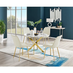 Furniturebox Novara White Marble Effect 100cm Round Dining Table with Gold Starburst Legs & 4 Cream Velvet Pesaro Chairs