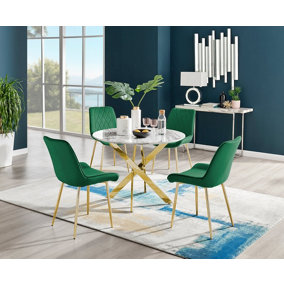 Furniturebox Novara White Marble Effect 100cm Round Dining Table with Gold Starburst Legs & 4 Green Velvet Pesaro Chairs