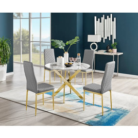 Furniturebox Novara White Marble Effect 100cm Round Dining Table with Gold Starburst Legs & 4 Grey Milan Faux Leather Chairs