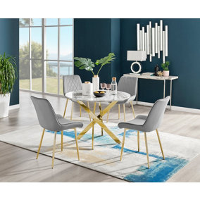 Furniturebox Novara White Marble Effect 100cm Round Dining Table with Gold Starburst Legs & 4 Grey Velvet Pesaro Chairs