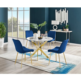 Furniturebox Novara White Marble Effect 100cm Round Dining Table with Gold Starburst Legs & 4 Navy Velvet Pesaro Chairs