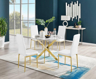 Furniturebox Novara White Marble Effect 100cm Round Dining Table with Gold Starburst Legs & 4 White Milan Faux Leather Chairs
