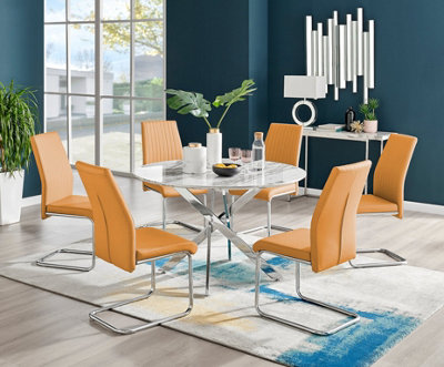 Furniturebox Novara White Marble Effect 120cm Round Dining Table with Chrome Legs & 6 Mustard Faux Leather Lorenzo Chairs