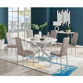 Furniturebox Novara White Marble Effect 120cm Round Dining Table with Chrome Starburst Legs & 6 Beige Faux Leather Milan Chairs