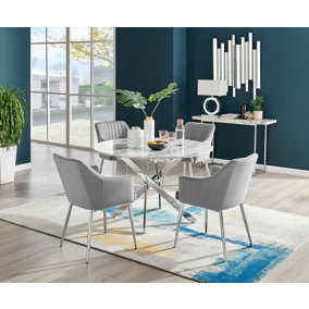 Furniturebox Novara White Marble Effect 120cm Round Dining Table with Chrome Starburst Legs & 6 Black Faux Leather Lorenzo Chairs