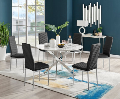 Furniturebox Novara White Marble Effect 120cm Round Dining Table with Chrome Starburst Legs & 6 Black Faux Leather Milan Chairs