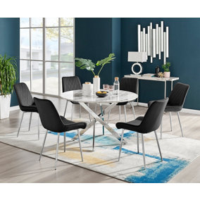 Furniturebox Novara White Marble Effect 120cm Round Dining Table with Chrome Starburst Legs & 6 Black Velvet Pesaro Chairs
