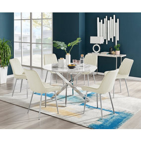 Furniturebox Novara White Marble Effect 120cm Round Dining Table with Chrome Starburst Legs & 6 Cream Velvet Pesaro Chairs
