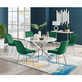 Furniturebox Novara White Marble Effect 120cm Round Dining Table with Chrome Starburst Legs & 6 Green Velvet Pesaro Chairs