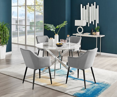 Furniturebox Novara White Marble Effect 120cm Round Dining Table with Chrome Starburst Legs & 6 Grey Faux Leather Lorenzo Chairs