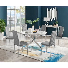 Furniturebox Novara White Marble Effect 120cm Round Dining Table with Chrome Starburst Legs & 6 Grey Faux Leather Milan Chairs