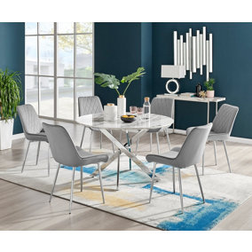 Furniturebox Novara White Marble Effect 120cm Round Dining Table with Chrome Starburst Legs & 6 Grey Velvet Pesaro Chairs