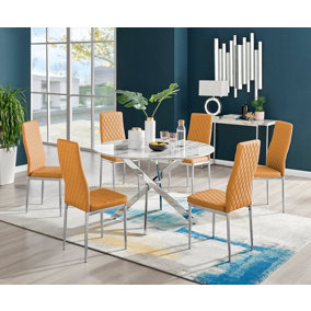 Furniturebox Novara White Marble Effect 120cm Round Dining Table with Chrome Starburst Legs & 6 Mustard Faux Leather Milan Chairs