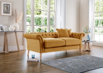 Furniturebox Olivia Mustard Yellow 3-Seater Modern Chesterfield Sofa Hand Made In Anti-Crease Velvet