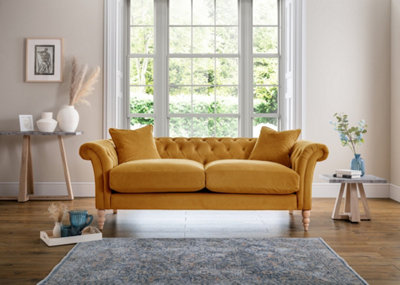 Furniturebox Olivia Mustard Yellow 3-Seater Modern Chesterfield Sofa Hand Made In Anti-Crease Velvet