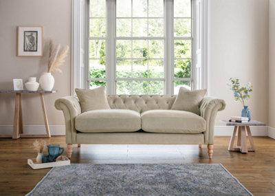Furniturebox Olivia 'Putty' Cream Beige 3-Seater Modern Chesterfield Sofa Hand Made In Anti-Crease Velvet