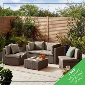 Furniturebox ORLANDO Brown 4 Seater Modular PE Rattan Outdoor Garden Sofa Set with Glass Topped Coffee Table and Grey Cushions