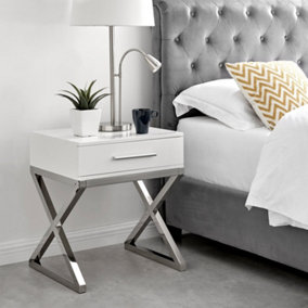 Furniturebox Oxford White High Gloss Contemporary Bedside Table With Single Drawer and Silver Chrome Legs