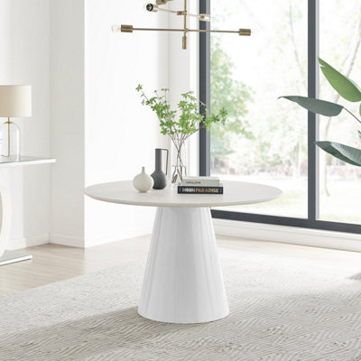 Furniturebox Palma 120cm 6 Seater Round Beige Stone Effect Dining Table with Pedestal Pillar Base