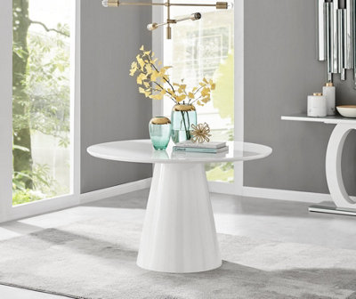 Furniturebox Palma 120cm Round White High Gloss Dining Table with Pedestal Pillar Base for Modern Minimalist Dining Room