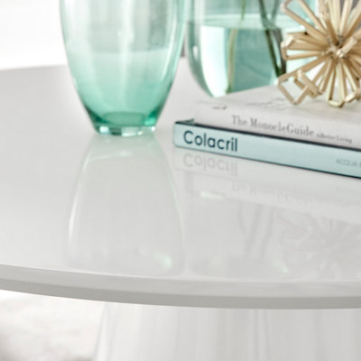 Furniturebox Palma 120cm Round White High Gloss Dining Table with Pedestal Pillar Base for Modern Minimalist Dining Room