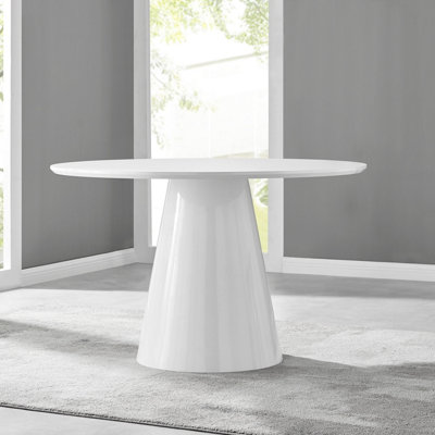 Furniturebox Palma 120cm Round White High Gloss Dining Table with Pedestal Pillar Base for Modern Minimalist Dining Room