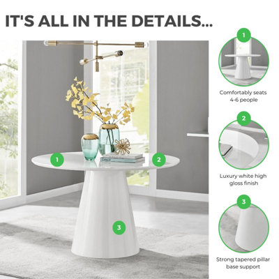 Furniturebox Palma 120cm Round White High Gloss Dining Table with Pedestal Pillar Base for Modern Minimalist Dining Room
