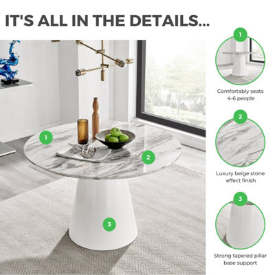 Furniturebox Palma 120cm Round White Marble Effect Dining Table with Pedestal Pillar Base in Semi-Matte for Modern Dining Room
