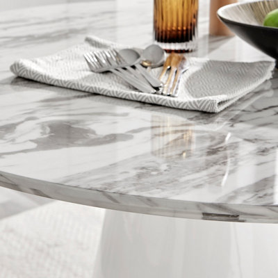 Furniturebox Palma 120cm Round White Marble Effect Dining Table with Pedestal Pillar Base in Semi-Matte for Modern Dining Room