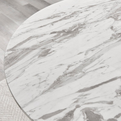 Furniturebox Palma 120cm Round White Marble Effect Dining Table with Pedestal Pillar Base in Semi-Matte for Modern Dining Room