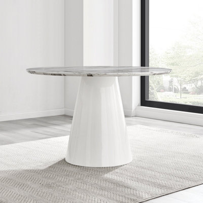 Furniturebox Palma 120cm Round White Marble Effect Dining Table with Pedestal Pillar Base in Semi-Matte for Modern Dining Room