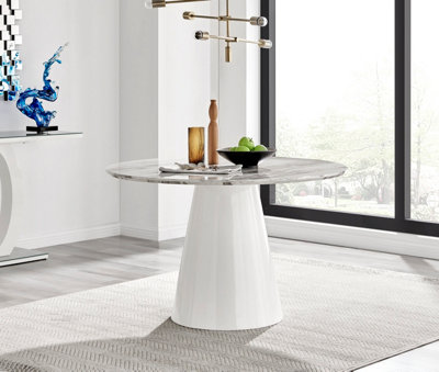 Furniturebox Palma 120cm Round White Marble Effect Dining Table with Pedestal Pillar Base in Semi-Matte for Modern Dining Room