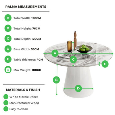 Furniturebox Palma 120cm Round White Marble Effect Dining Table with Pedestal Pillar Base in Semi-Matte for Modern Dining Room