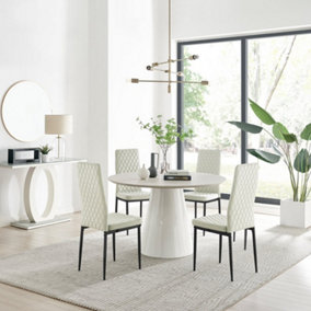 Furniturebox Palma Beige Stone Effect Round 4-6 Seater Pedestal Dining Table & 4 Cream Velvet Milan Black Leg Chairs