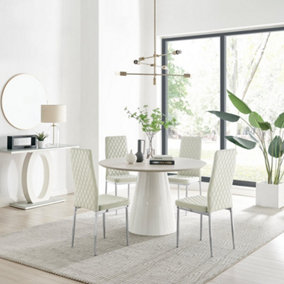 Furniturebox Palma Beige Stone Effect Round 4-6 Seater Pedestal Dining Table & 4 Cream Velvet Milan Silver Leg Chairs