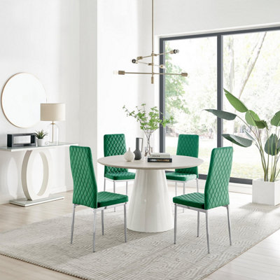 Furniturebox Palma Beige Stone Effect Round 4-6 Seater Pedestal Dining Table & 4 Green Velvet Milan Silver Leg Chairs
