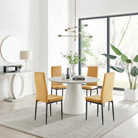 Furniturebox Palma Beige Stone Effect Round 4-6 Seater Pedestal Dining Table & 4 Mustard Velvet Milan Black Leg Chairs
