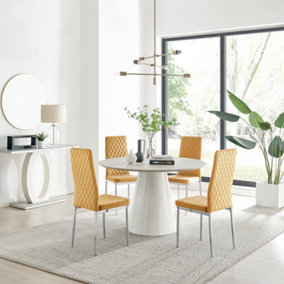 Furniturebox Palma Beige Stone Effect Round 4-6 Seater Pedestal Dining Table & 4 Mustard Velvet Milan Silver Leg Chairs