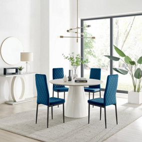 Furniturebox Palma Beige Stone Effect Round 4-6 Seater Pedestal Dining Table & 4 Navy Velvet Milan Black Leg Chairs