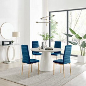 Furniturebox Palma Beige Stone Effect Round 4-6 Seater Pedestal Dining Table & 4 Navy Velvet Milan Gold Leg Chairs