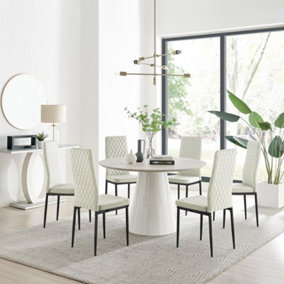 Furniturebox Palma Beige Stone Effect Round 4-6 Seater Pedestal Dining Table & 6 Cream Velvet Milan Black Leg Chairs